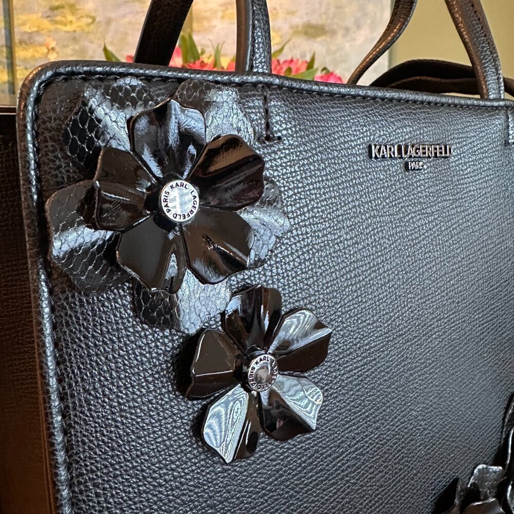 NWT!Karl Lagerfeld MAYBELLE Duo Top Handle Satchel with Pins Women -BLACK FLORAL - Picture 5 of 11